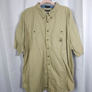 VTG Chaps Ralph Lauren Mens XXL 2XL Beige Short Sleeve Cotton Button Down Shirt